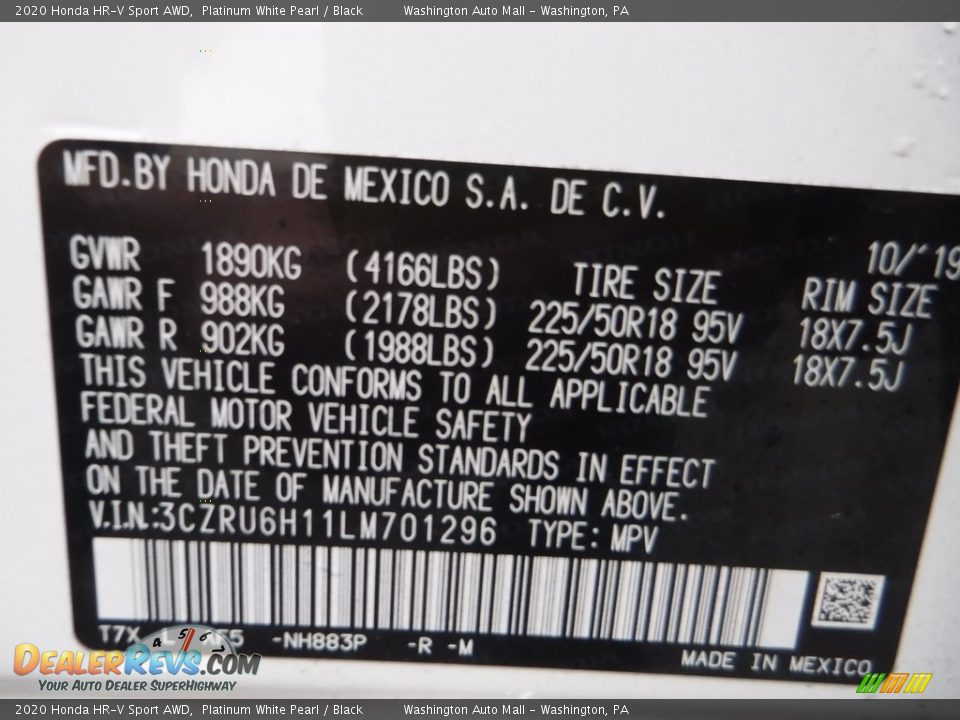 2020 Honda HR-V Sport AWD Platinum White Pearl / Black Photo #27