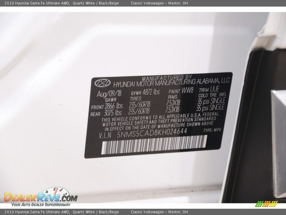 2019 Hyundai Santa Fe Ultimate AWD Quartz White / Black/Beige Photo #21