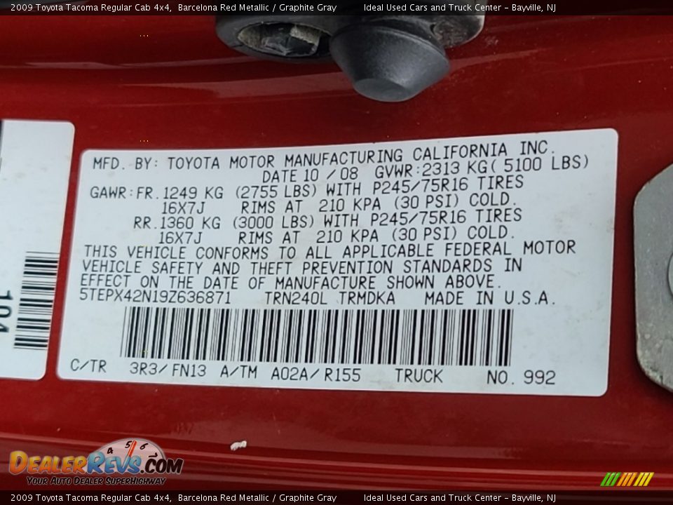 2009 Toyota Tacoma Regular Cab 4x4 Barcelona Red Metallic / Graphite Gray Photo #24