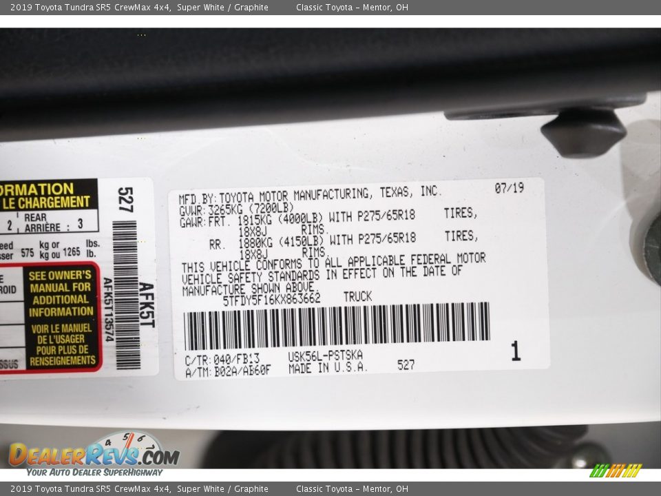 2019 Toyota Tundra SR5 CrewMax 4x4 Super White / Graphite Photo #19