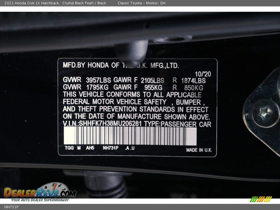 Honda Color Code NH731P Crystal Black Pearl