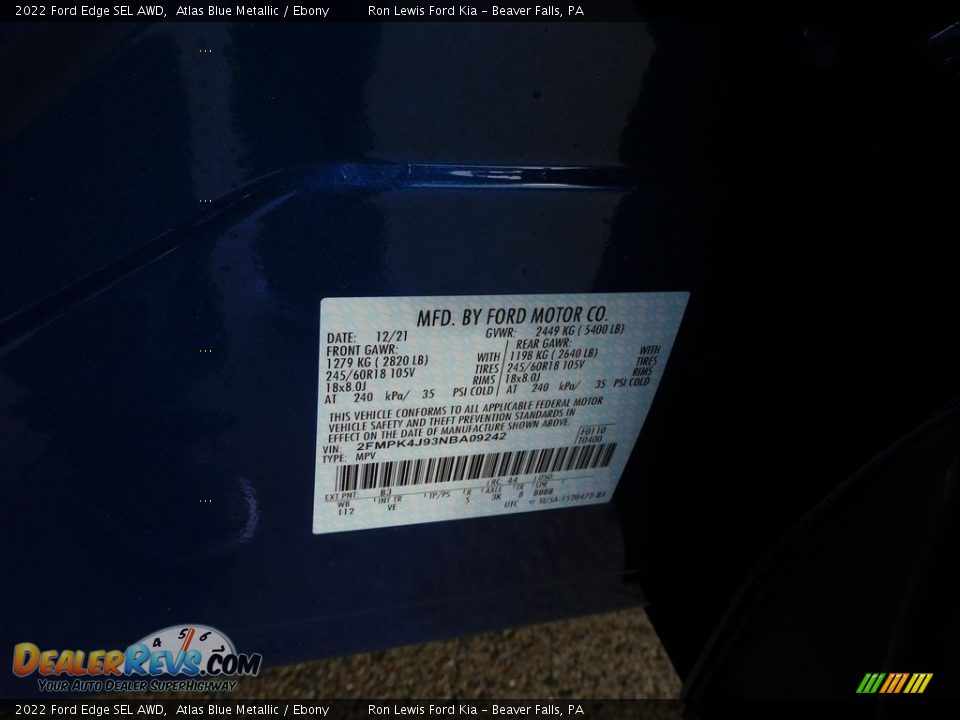 2022 Ford Edge SEL AWD Atlas Blue Metallic / Ebony Photo #20