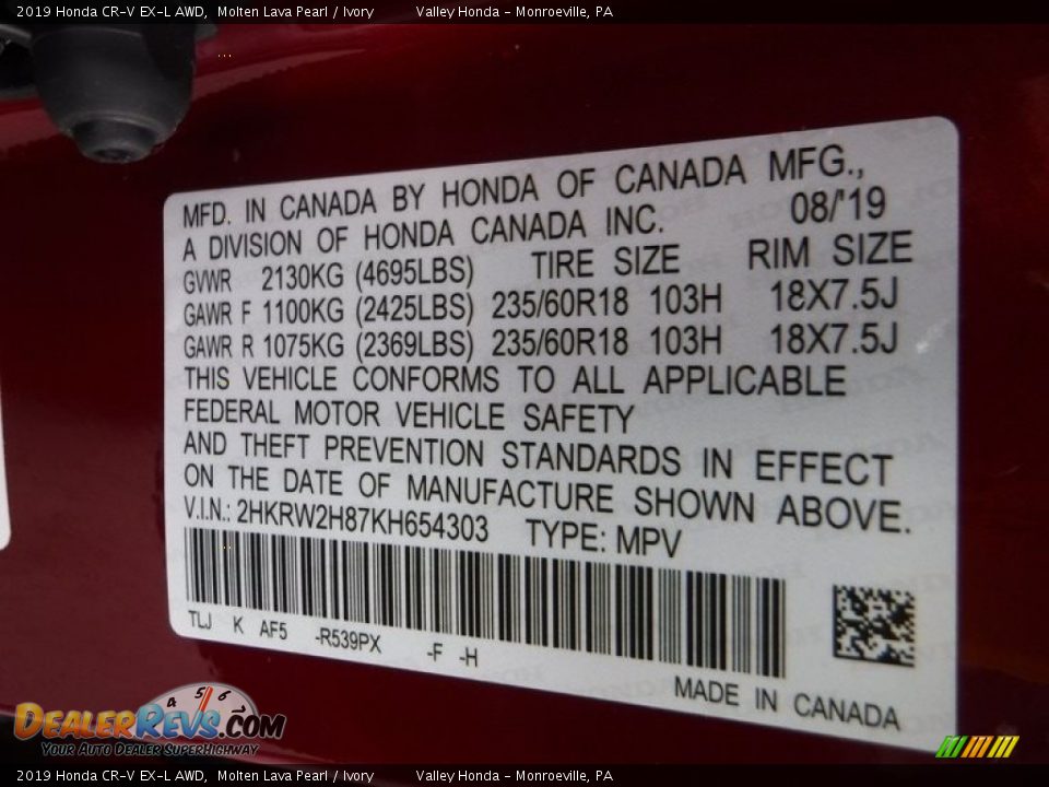 2019 Honda CR-V EX-L AWD Molten Lava Pearl / Ivory Photo #29