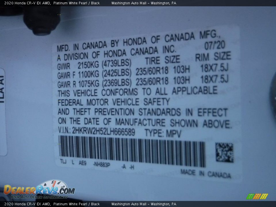2020 Honda CR-V EX AWD Platinum White Pearl / Black Photo #29