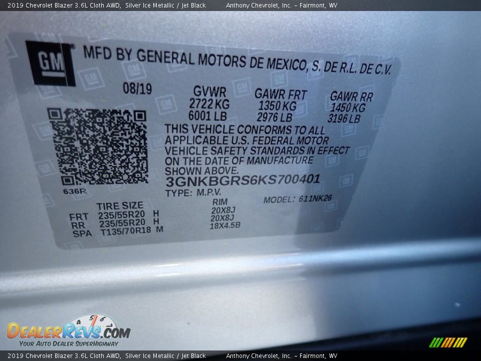 2019 Chevrolet Blazer 3.6L Cloth AWD Silver Ice Metallic / Jet Black Photo #15
