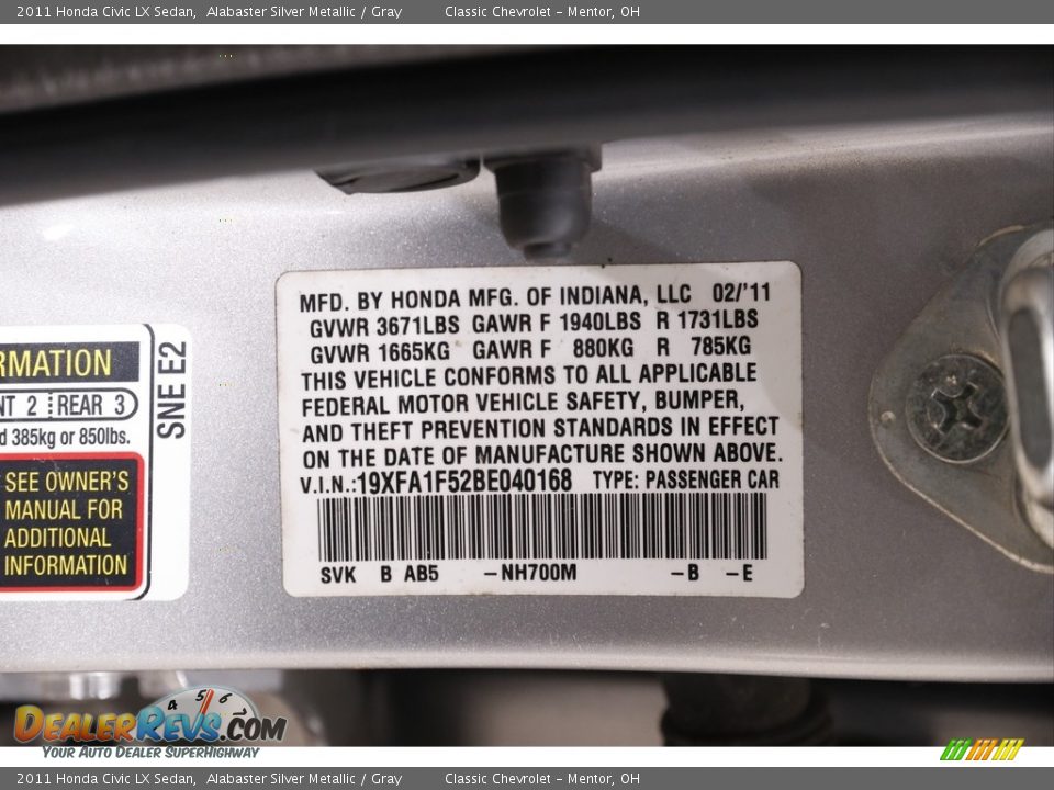 2011 Honda Civic LX Sedan Alabaster Silver Metallic / Gray Photo #18