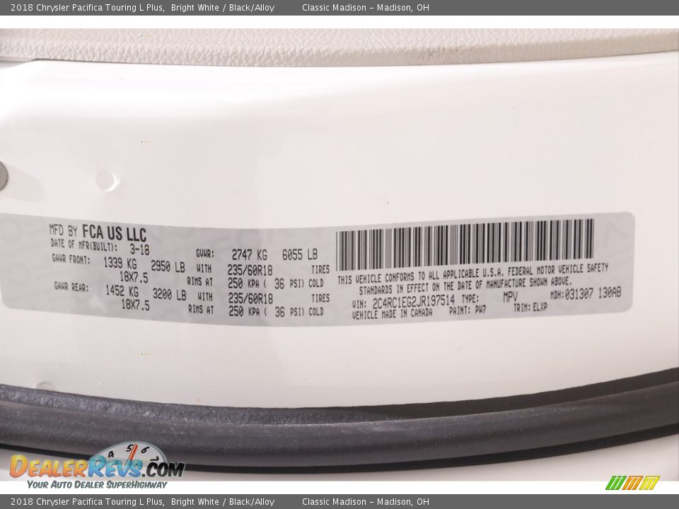 2018 Chrysler Pacifica Touring L Plus Bright White / Black/Alloy Photo #27