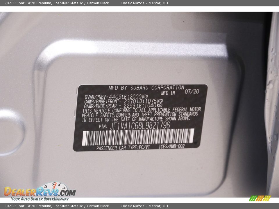 2020 Subaru WRX Premium Ice Silver Metallic / Carbon Black Photo #24