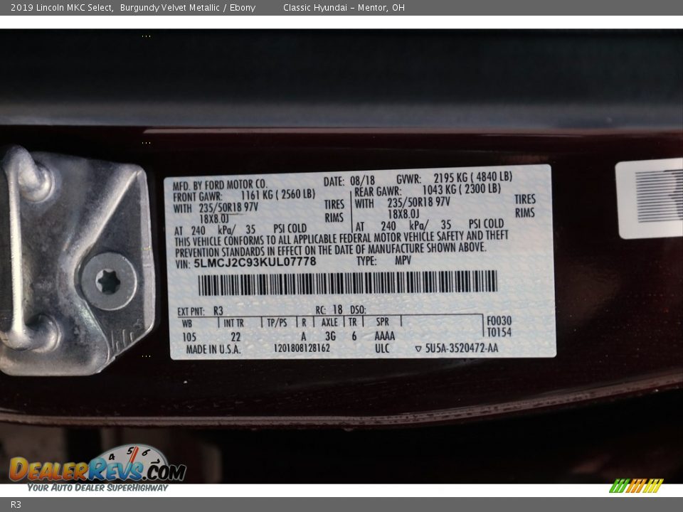 Lincoln Color Code R3 Burgundy Velvet Metallic