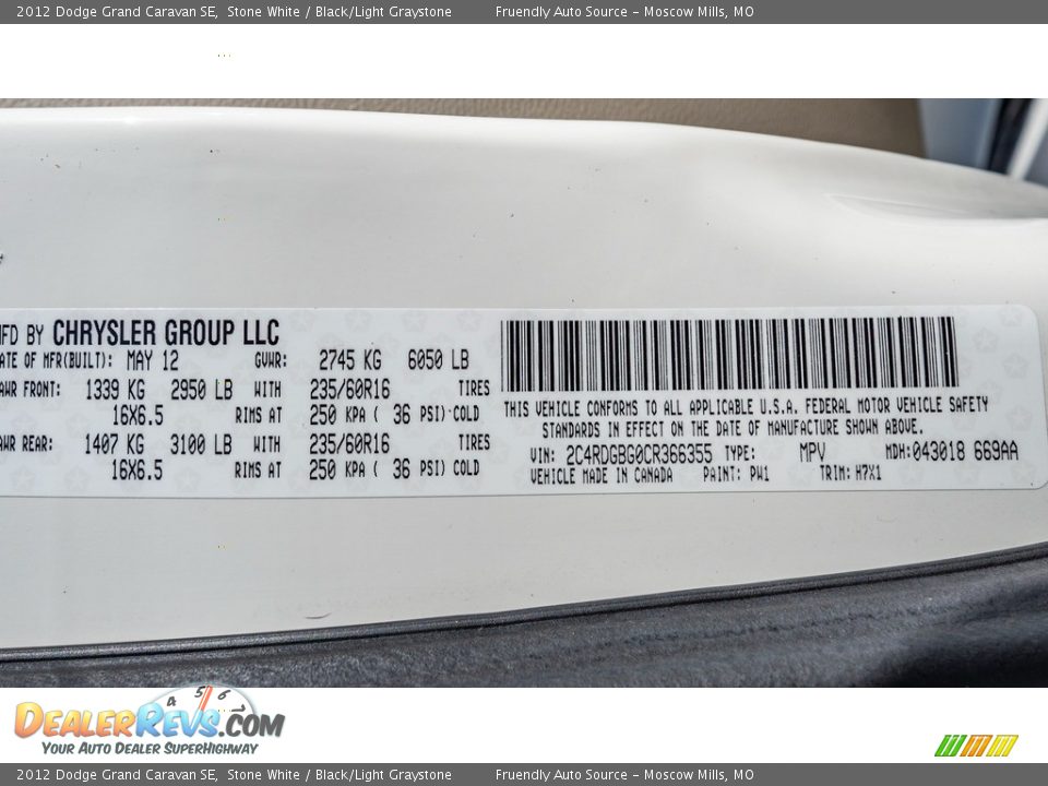 2012 Dodge Grand Caravan SE Stone White / Black/Light Graystone Photo #34