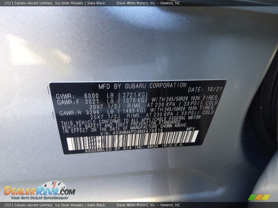 2021 Subaru Ascent Limited Ice Silver Metallic / Slate Black Photo #33
