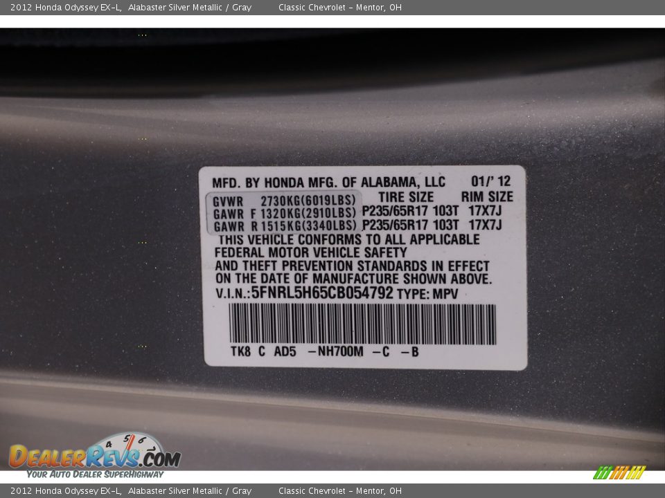 2012 Honda Odyssey EX-L Alabaster Silver Metallic / Gray Photo #23
