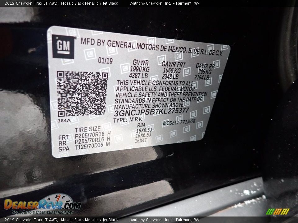 2019 Chevrolet Trax LT AWD Mosaic Black Metallic / Jet Black Photo #15