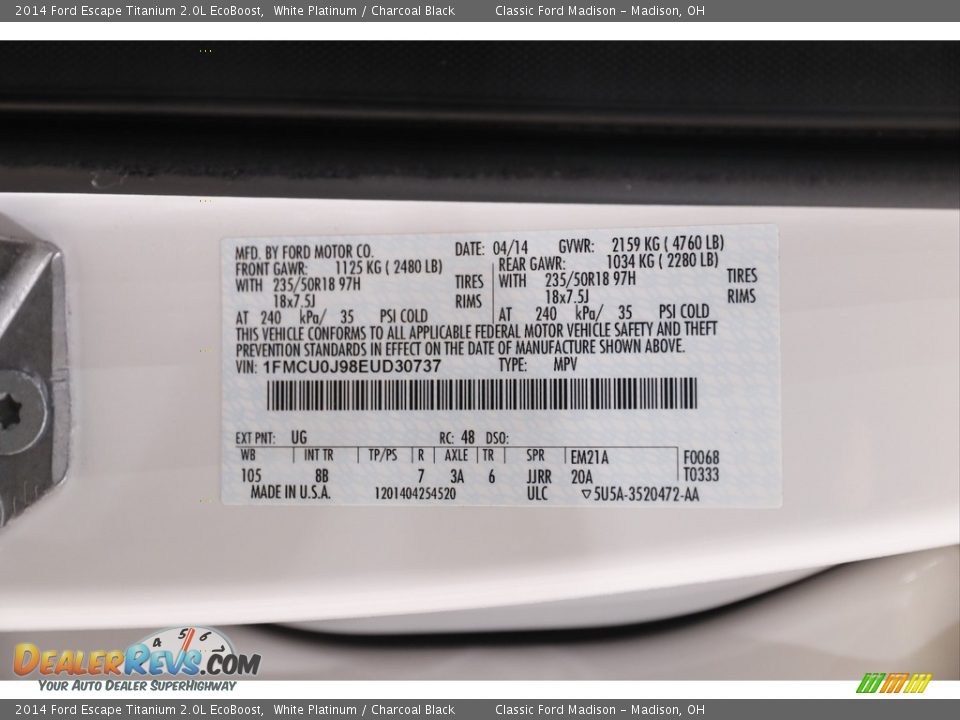 2014 Ford Escape Titanium 2.0L EcoBoost White Platinum / Charcoal Black Photo #17