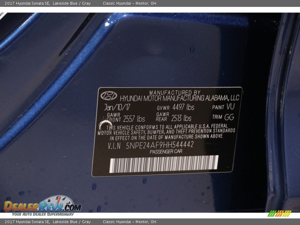 2017 Hyundai Sonata SE Lakeside Blue / Gray Photo #19