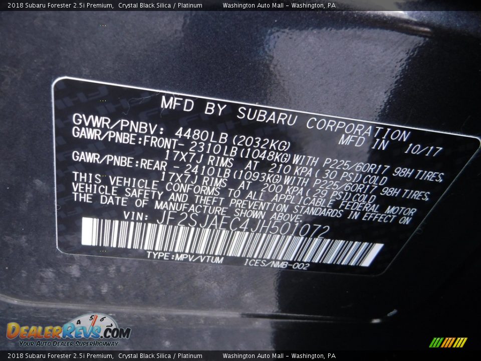 2018 Subaru Forester 2.5i Premium Crystal Black Silica / Platinum Photo #34