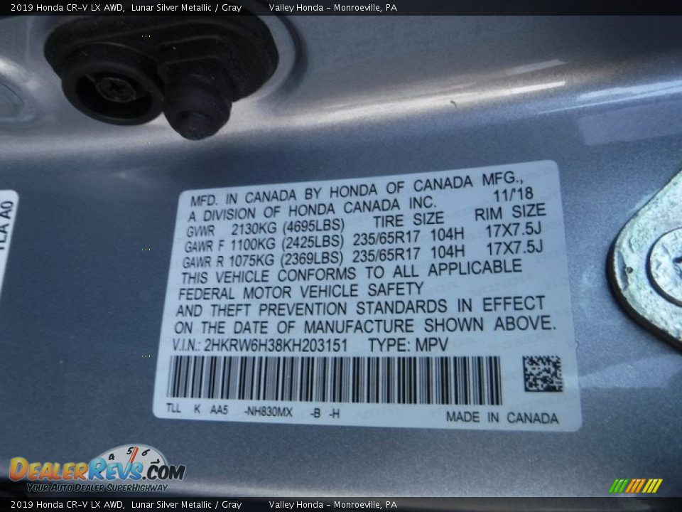 2019 Honda CR-V LX AWD Lunar Silver Metallic / Gray Photo #27