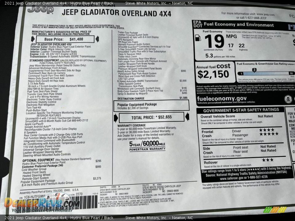 2021 Jeep Gladiator Overland 4x4 Window Sticker Photo #30