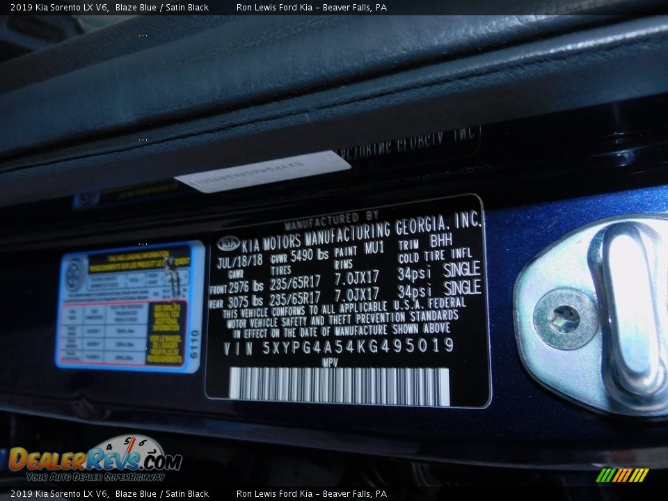 2019 Kia Sorento LX V6 Blaze Blue / Satin Black Photo #23