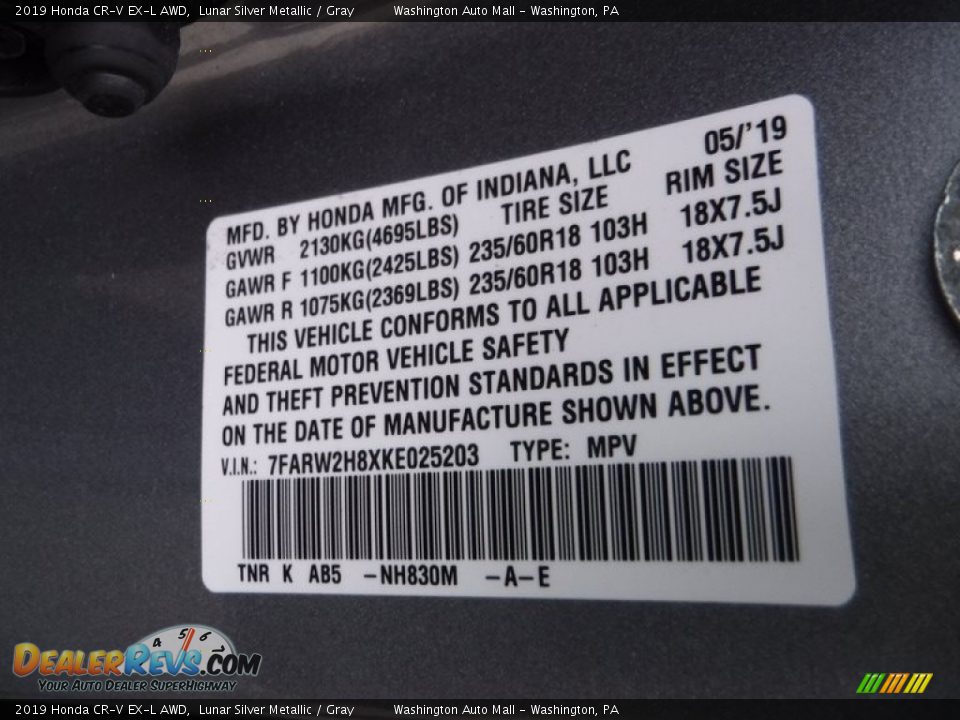 2019 Honda CR-V EX-L AWD Lunar Silver Metallic / Gray Photo #31