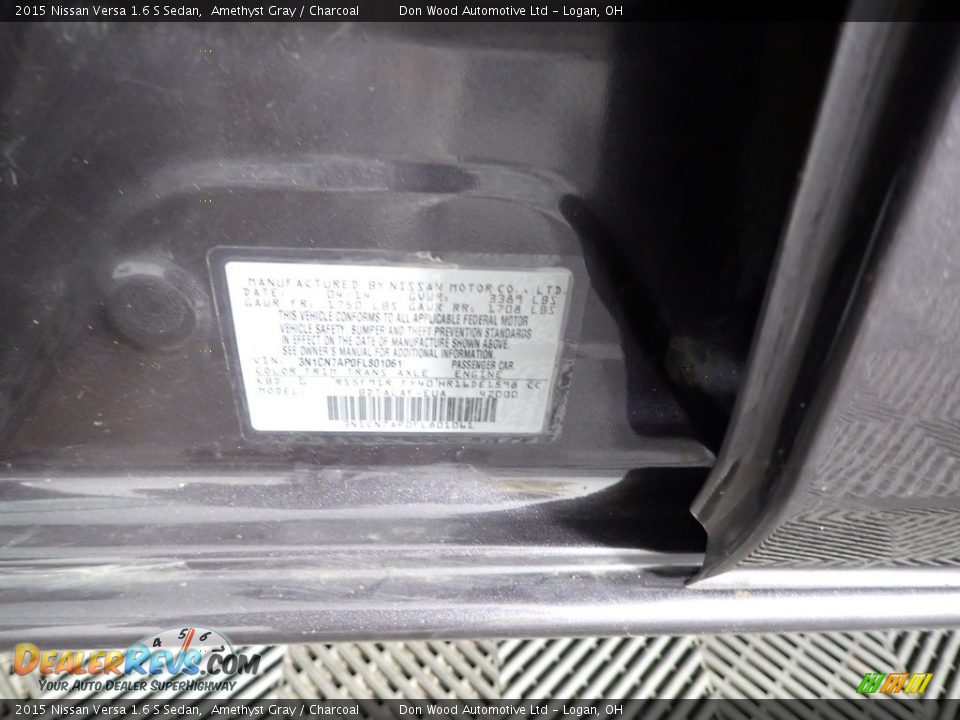 2015 Nissan Versa 1.6 S Sedan Amethyst Gray / Charcoal Photo #30