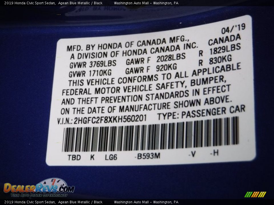 2019 Honda Civic Sport Sedan Agean Blue Metallic / Black Photo #27