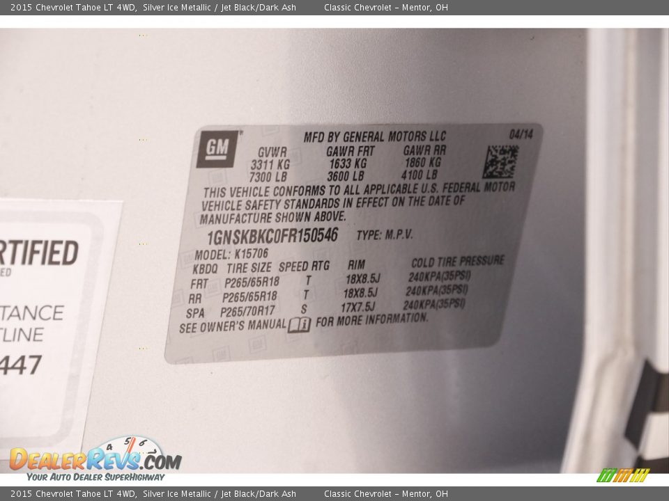 2015 Chevrolet Tahoe LT 4WD Silver Ice Metallic / Jet Black/Dark Ash Photo #22