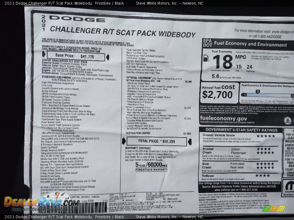 2021 Dodge Challenger R/T Scat Pack Widebody Window Sticker Photo #26