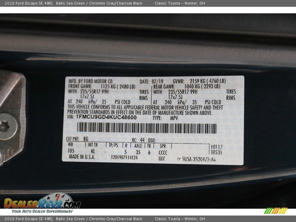 2019 Ford Escape SE 4WD Baltic Sea Green / Chromite Gray/Charcoal Black Photo #19