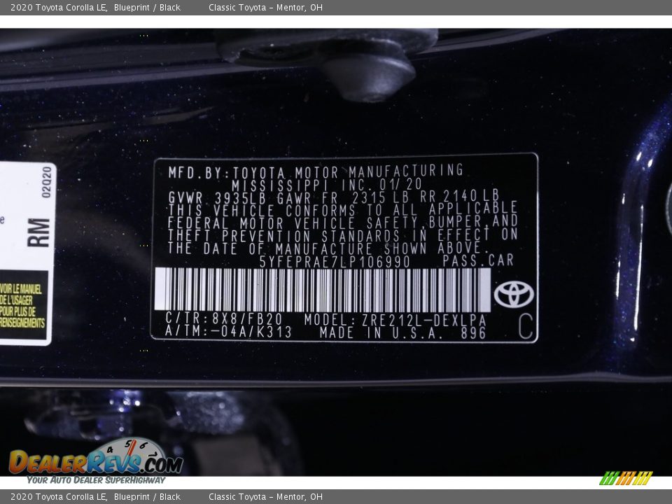 2020 Toyota Corolla LE Blueprint / Black Photo #18