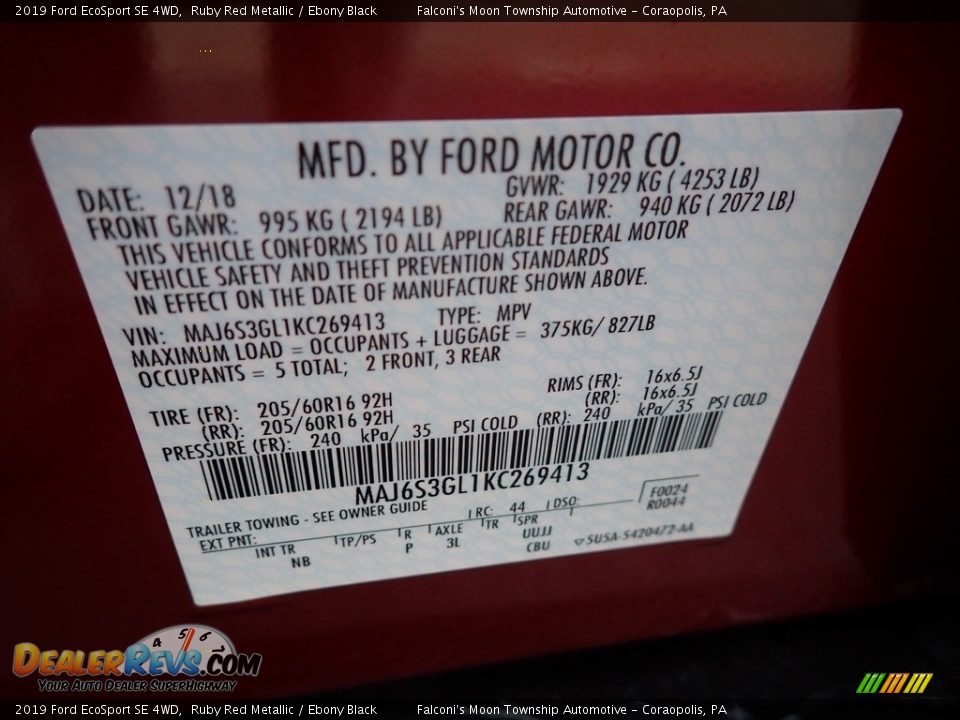 2019 Ford EcoSport SE 4WD Ruby Red Metallic / Ebony Black Photo #27