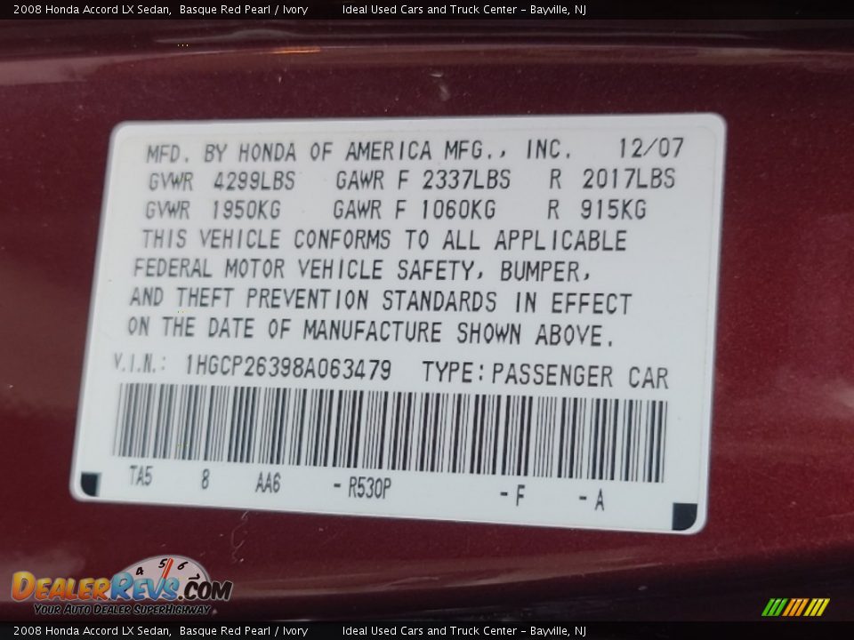 2008 Honda Accord LX Sedan Basque Red Pearl / Ivory Photo #28