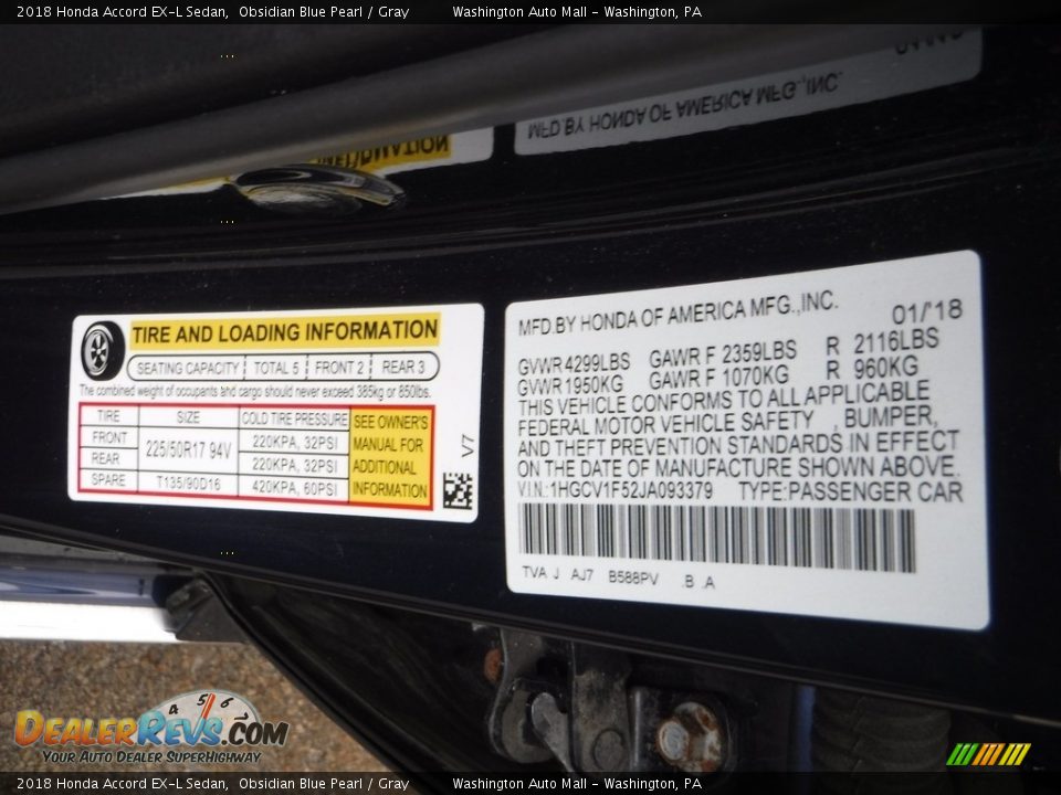 2018 Honda Accord EX-L Sedan Obsidian Blue Pearl / Gray Photo #32