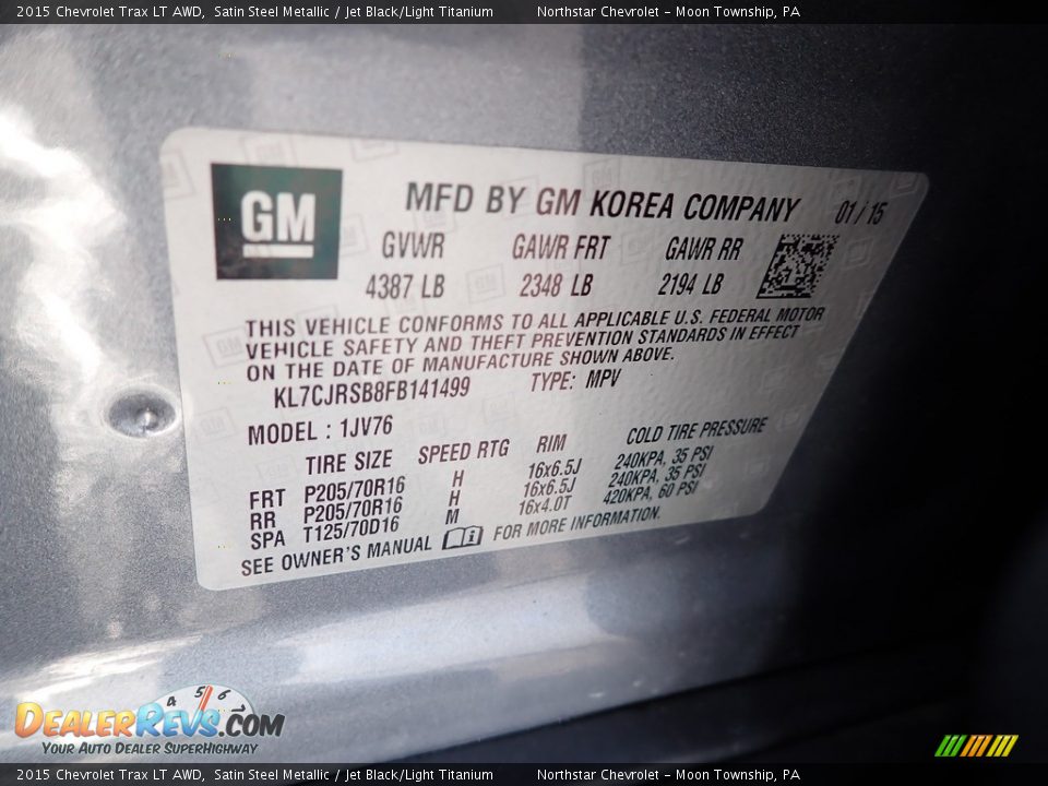 2015 Chevrolet Trax LT AWD Satin Steel Metallic / Jet Black/Light Titanium Photo #28