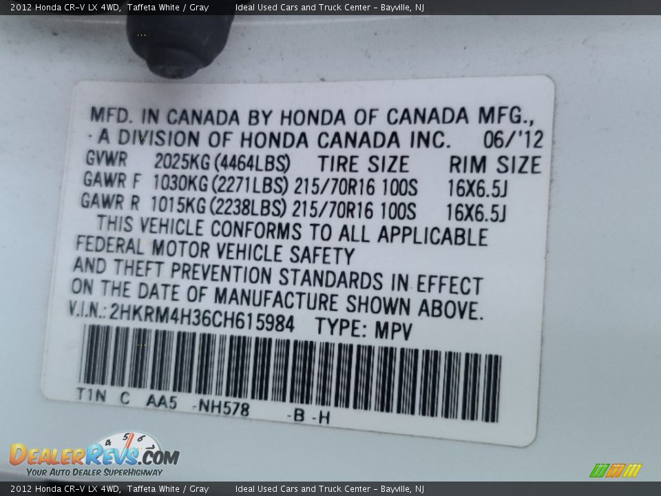 2012 Honda CR-V LX 4WD Taffeta White / Gray Photo #6