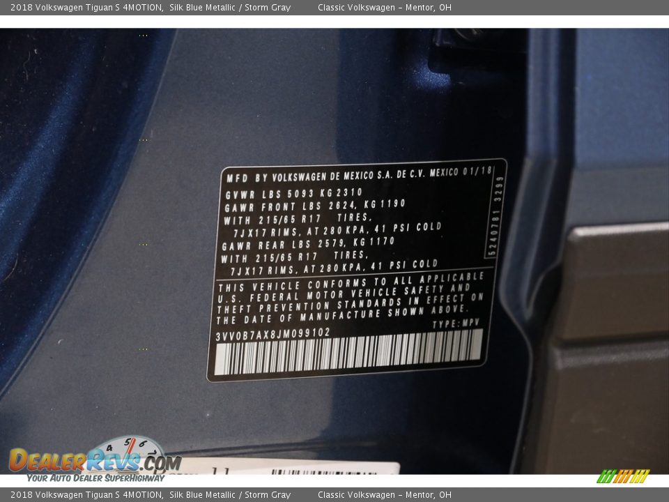 2018 Volkswagen Tiguan S 4MOTION Silk Blue Metallic / Storm Gray Photo #18