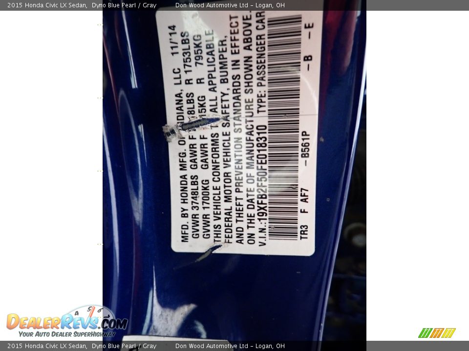 2015 Honda Civic LX Sedan Dyno Blue Pearl / Gray Photo #36