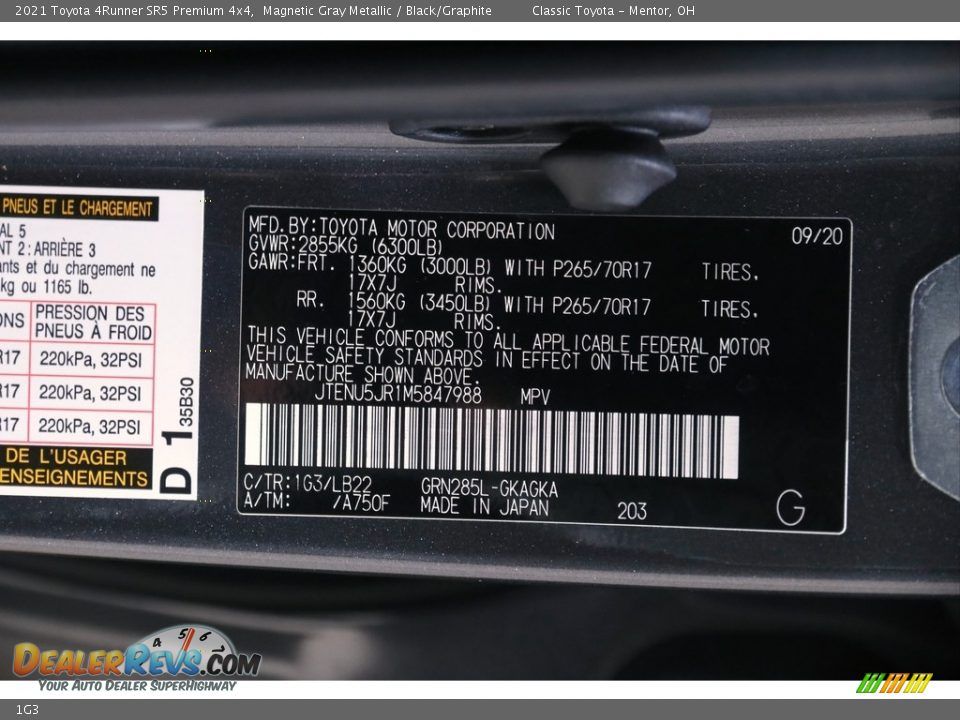 Toyota Color Code 1G3 Magnetic Gray Metallic