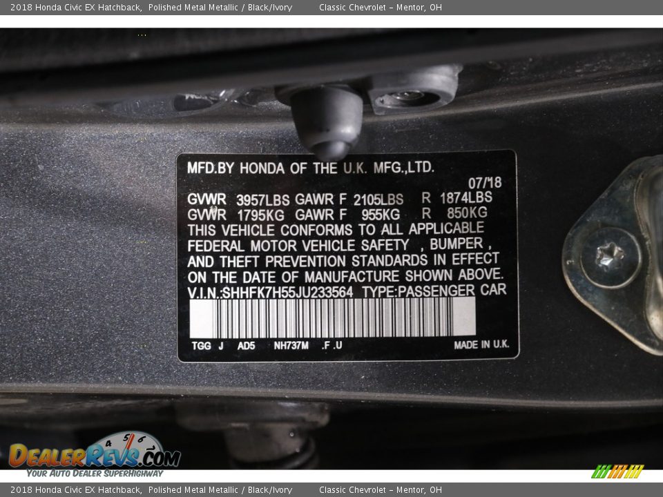 2018 Honda Civic EX Hatchback Polished Metal Metallic / Black/Ivory Photo #20