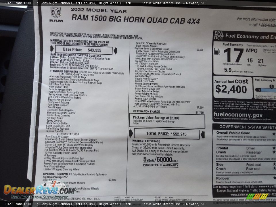 2022 Ram 1500 Big Horn Night Edition Quad Cab 4x4 Window Sticker Photo #30