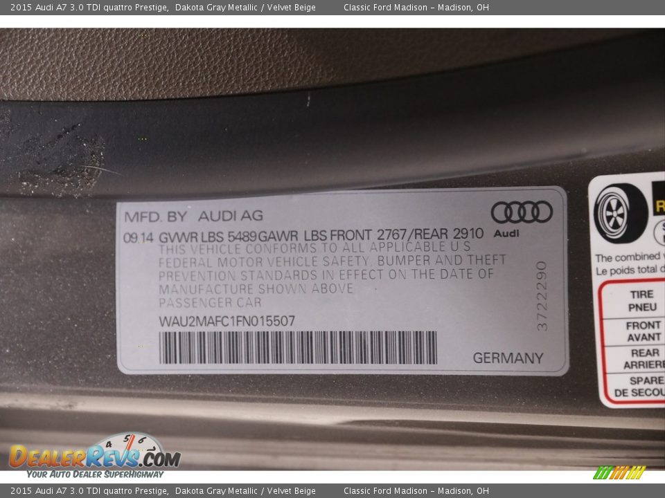 2015 Audi A7 3.0 TDI quattro Prestige Dakota Gray Metallic / Velvet Beige Photo #21