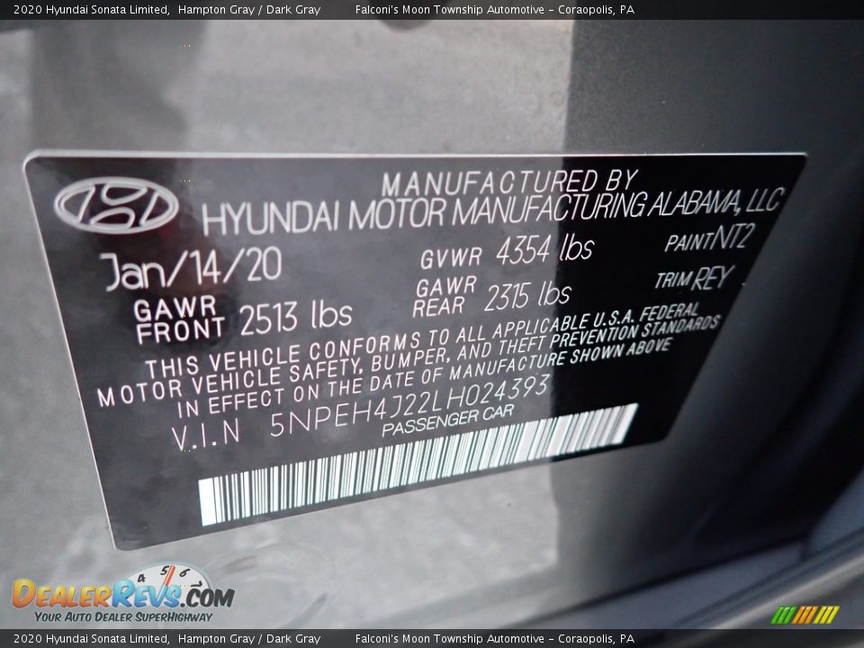 2020 Hyundai Sonata Limited Hampton Gray / Dark Gray Photo #27