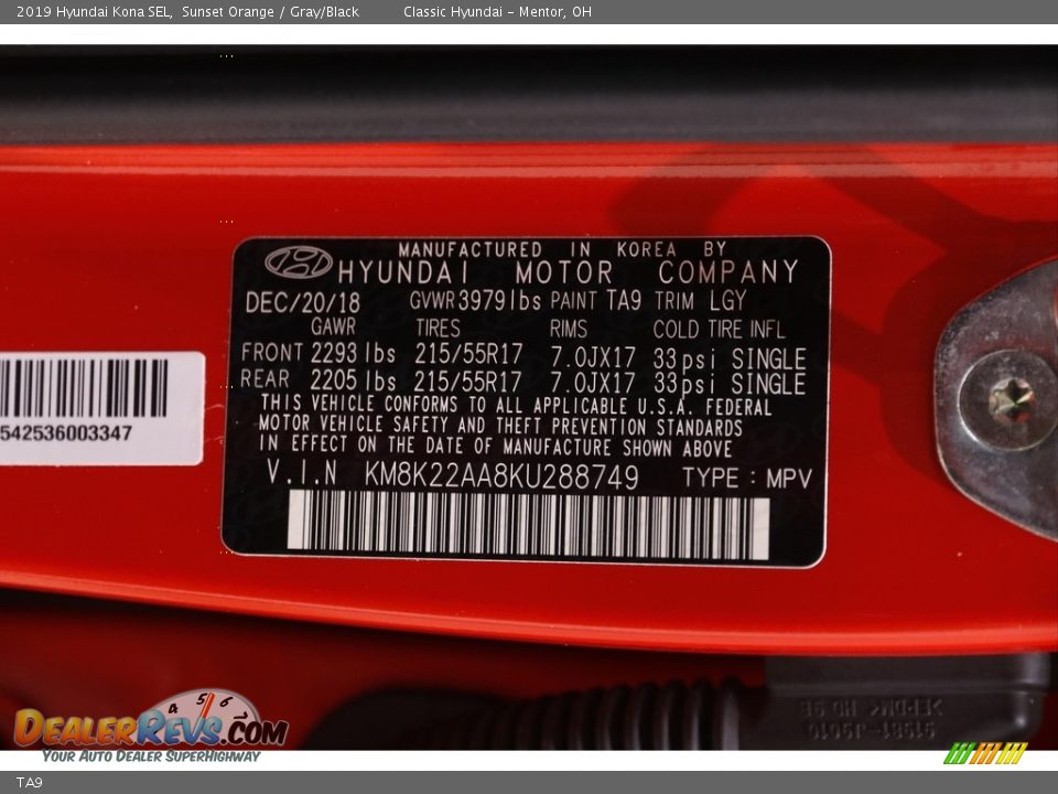 Hyundai Color Code TA9 Sunset Orange