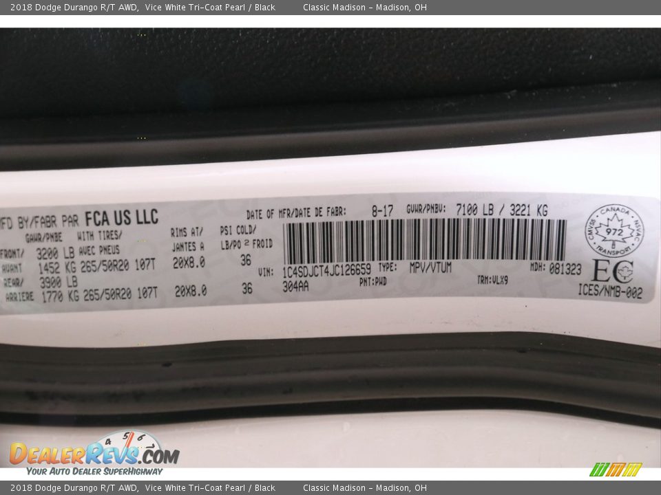 2018 Dodge Durango R/T AWD Vice White Tri-Coat Pearl / Black Photo #24