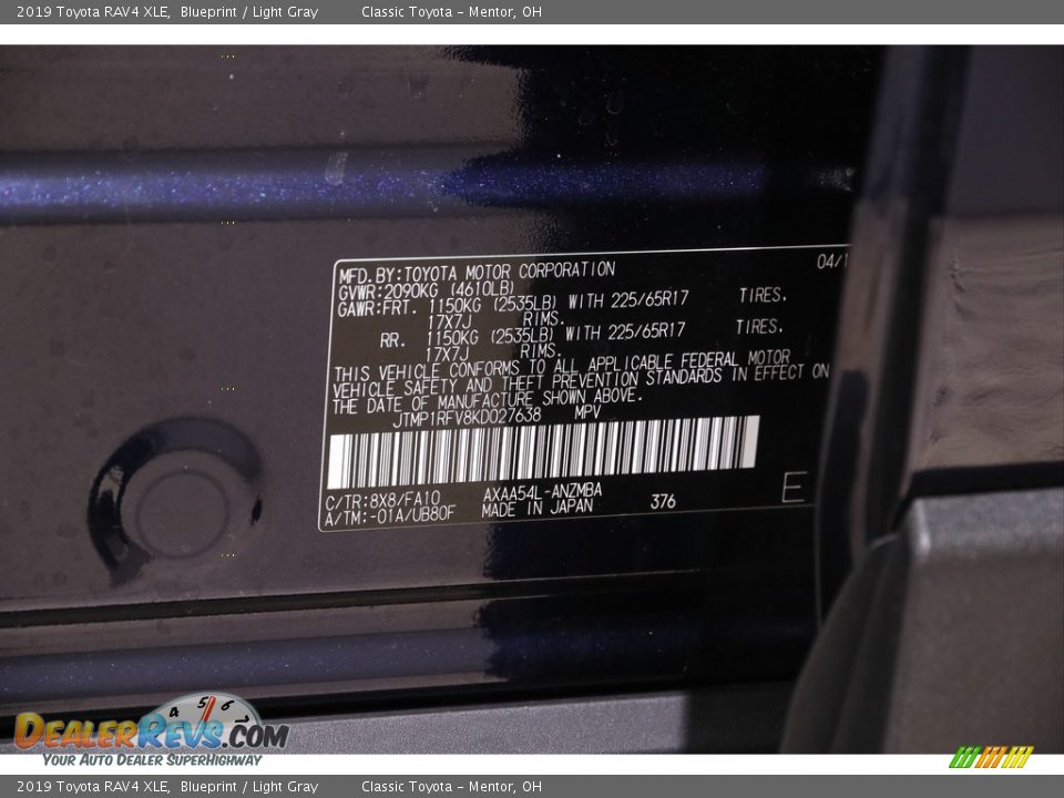 2019 Toyota RAV4 XLE Blueprint / Light Gray Photo #19