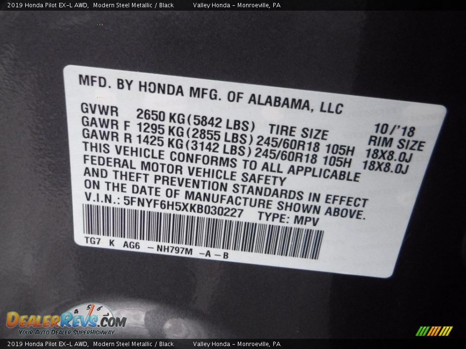 2019 Honda Pilot EX-L AWD Modern Steel Metallic / Black Photo #32