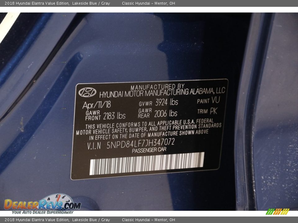 2018 Hyundai Elantra Value Edition Lakeside Blue / Gray Photo #19