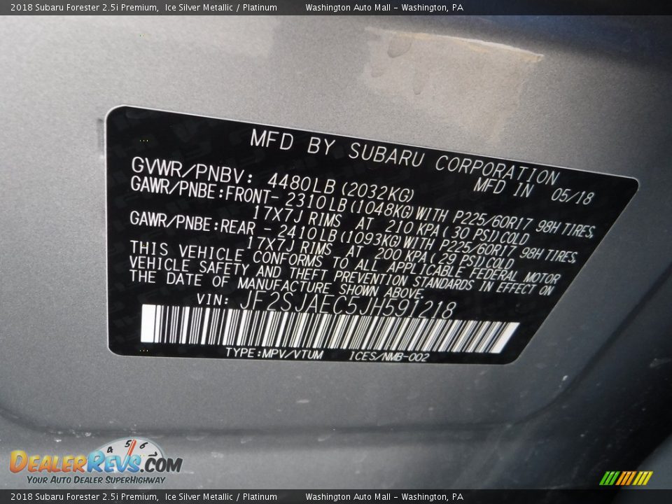 2018 Subaru Forester 2.5i Premium Ice Silver Metallic / Platinum Photo #34