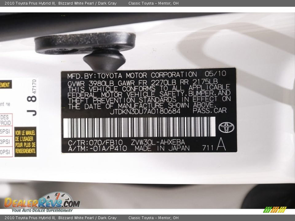 2010 Toyota Prius Hybrid III Blizzard White Pearl / Dark Gray Photo #16
