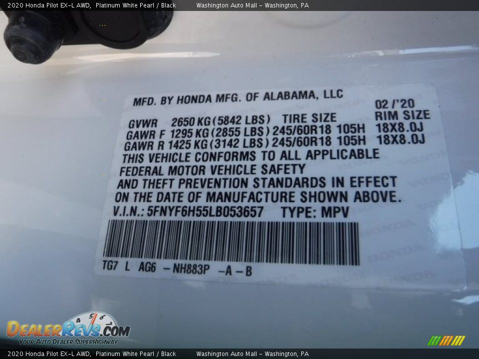 2020 Honda Pilot EX-L AWD Platinum White Pearl / Black Photo #34